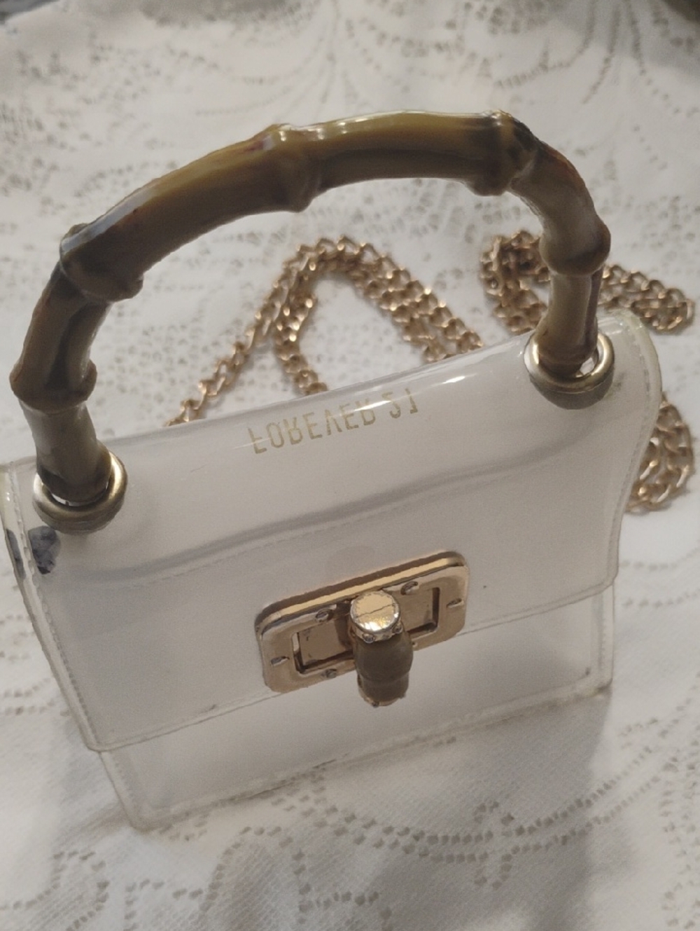 Clear White Mini Top-Handle Bag with Bamboo Accent and Gold Chain